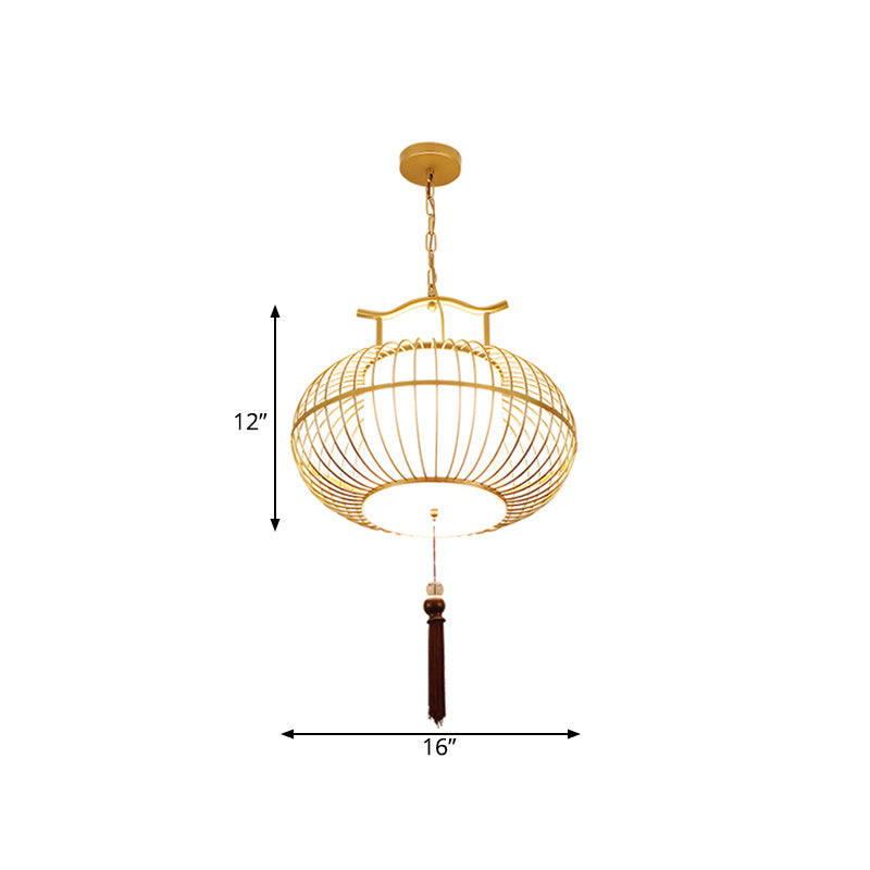 Cylinder Dining Room Pendant Light Traditional Fabric 12"/16"/19.5" Wide 1 Light Black/Gold Hanging Lamp Kit with Cage Clearhalo 'Ceiling Lights' 'Pendant Lights' 'Pendants' Lighting' 286048