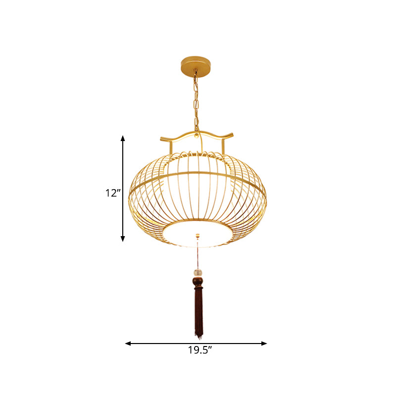 Cylinder Dining Room Pendant Light Traditional Fabric 12"/16"/19.5" Wide 1 Light Black/Gold Hanging Lamp Kit with Cage Clearhalo 'Ceiling Lights' 'Pendant Lights' 'Pendants' Lighting' 286049