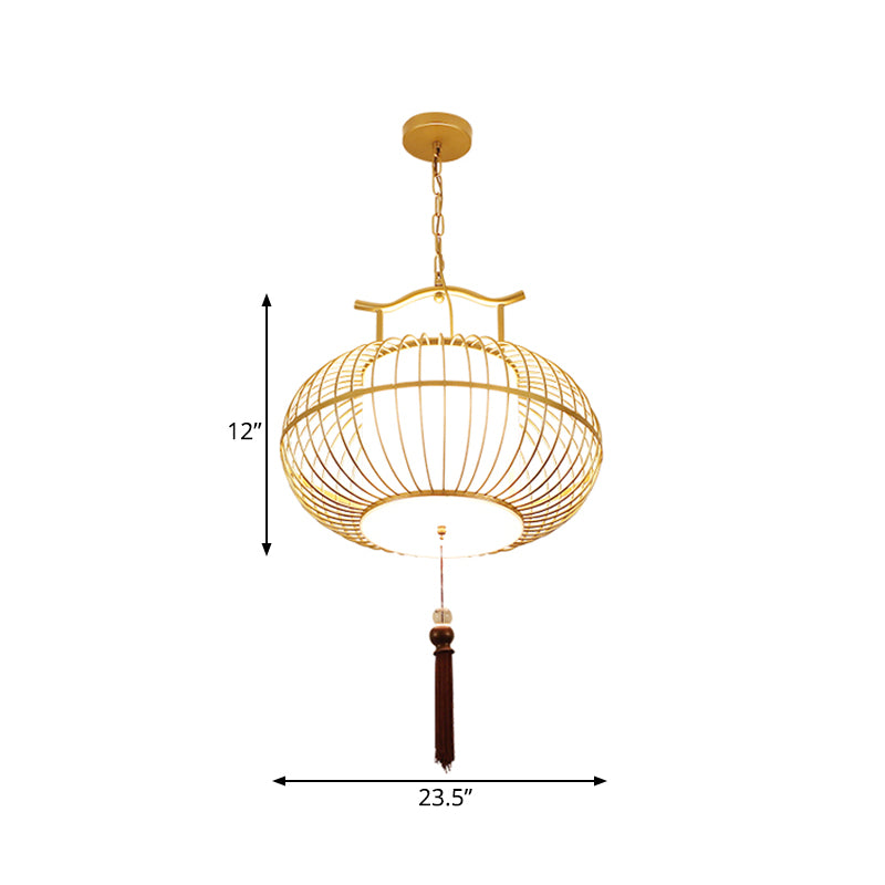 Cylinder Dining Room Pendant Light Traditional Fabric 12"/16"/19.5" Wide 1 Light Black/Gold Hanging Lamp Kit with Cage Clearhalo 'Ceiling Lights' 'Pendant Lights' 'Pendants' Lighting' 286050