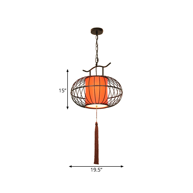 White/Red 1 Light Hanging Ceiling Light Traditional Fabric Lantern Drop Pendant for Tea Room, 16"/19.5"/23.5" Wide Clearhalo 'Ceiling Lights' 'Pendant Lights' 'Pendants' Lighting' 286058