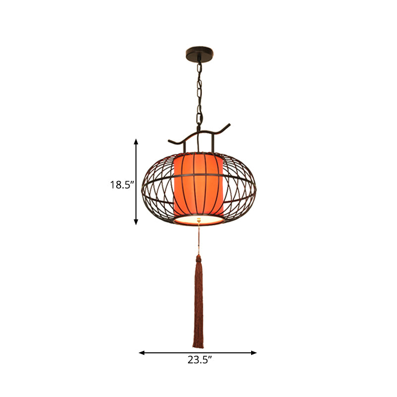 White/Red 1 Light Hanging Ceiling Light Traditional Fabric Lantern Drop Pendant for Tea Room, 16"/19.5"/23.5" Wide Clearhalo 'Ceiling Lights' 'Pendant Lights' 'Pendants' Lighting' 286059