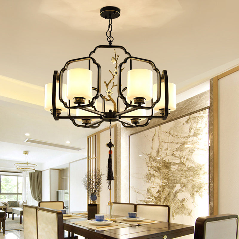 Black Cylinder Chandelier Lighting Fixture Classic Metal 6/8/10 Lights Living Room Drop Pendant with Frosted Glass Shade Clearhalo 'Ceiling Lights' 'Chandeliers' Lighting' options 286067