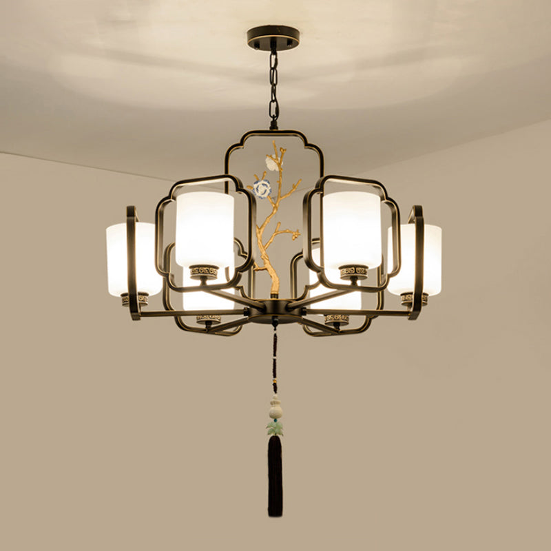 Black Cylinder Chandelier Lighting Fixture Classic Metal 6/8/10 Lights Living Room Drop Pendant with Frosted Glass Shade Clearhalo 'Ceiling Lights' 'Chandeliers' Lighting' options 286068