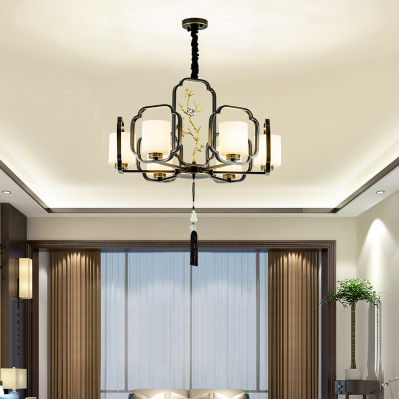 Black Cylinder Chandelier Lighting Fixture Classic Metal 6/8/10 Lights Living Room Drop Pendant with Frosted Glass Shade Clearhalo 'Ceiling Lights' 'Chandeliers' Lighting' options 286069