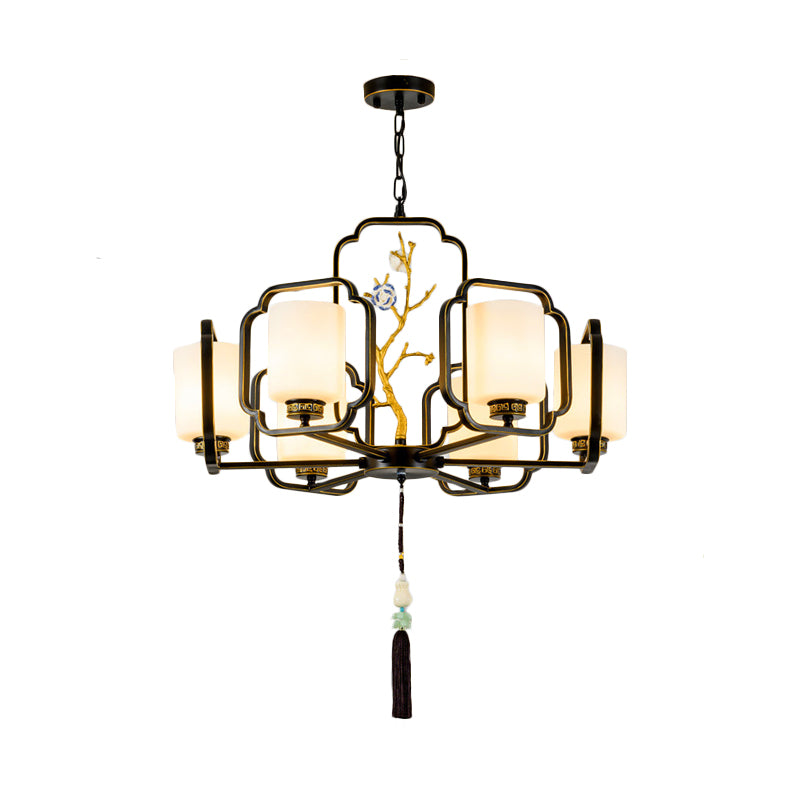 Black Cylinder Chandelier Lighting Fixture Classic Metal 6/8/10 Lights Living Room Drop Pendant with Frosted Glass Shade Clearhalo 'Ceiling Lights' 'Chandeliers' Lighting' options 286070