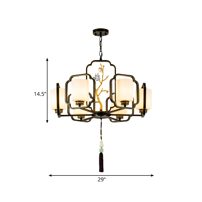 Black Cylinder Chandelier Lighting Fixture Classic Metal 6/8/10 Lights Living Room Drop Pendant with Frosted Glass Shade Clearhalo 'Ceiling Lights' 'Chandeliers' Lighting' options 286071