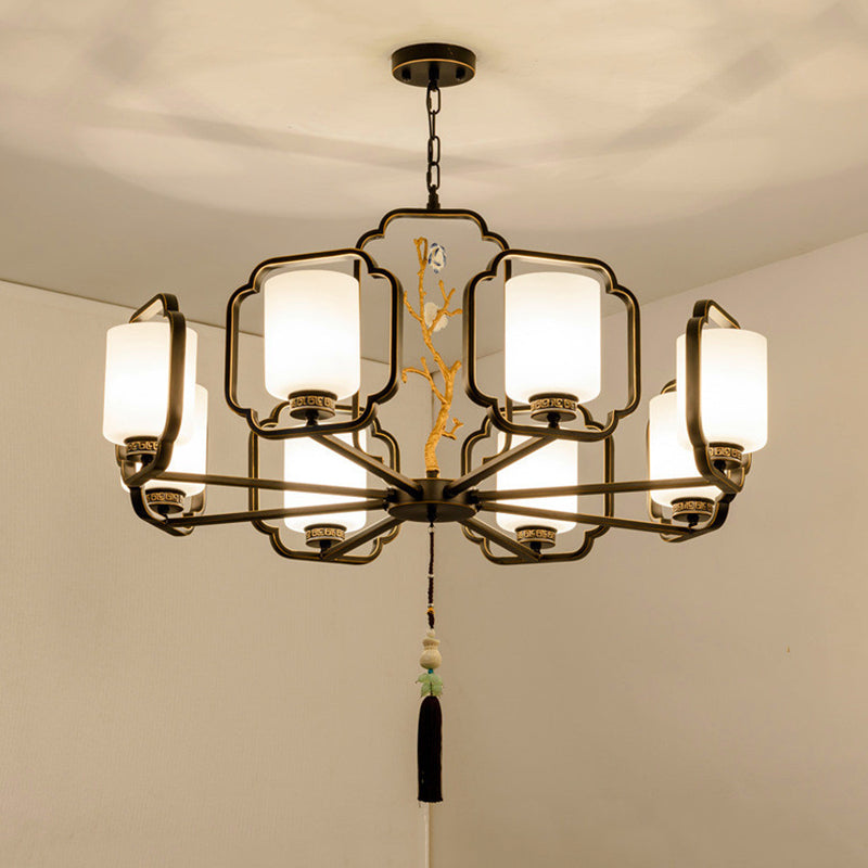 Black Cylinder Chandelier Lighting Fixture Classic Metal 6/8/10 Lights Living Room Drop Pendant with Frosted Glass Shade 8 Black Clearhalo 'Ceiling Lights' 'Chandeliers' Lighting' options 286073_9ac3e3dc-289a-4642-b238-3872f7b150ca