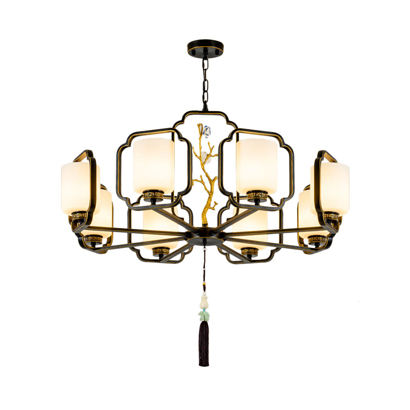 Black Cylinder Chandelier Lighting Fixture Classic Metal 6/8/10 Lights Living Room Drop Pendant with Frosted Glass Shade Clearhalo 'Ceiling Lights' 'Chandeliers' Lighting' options 286075