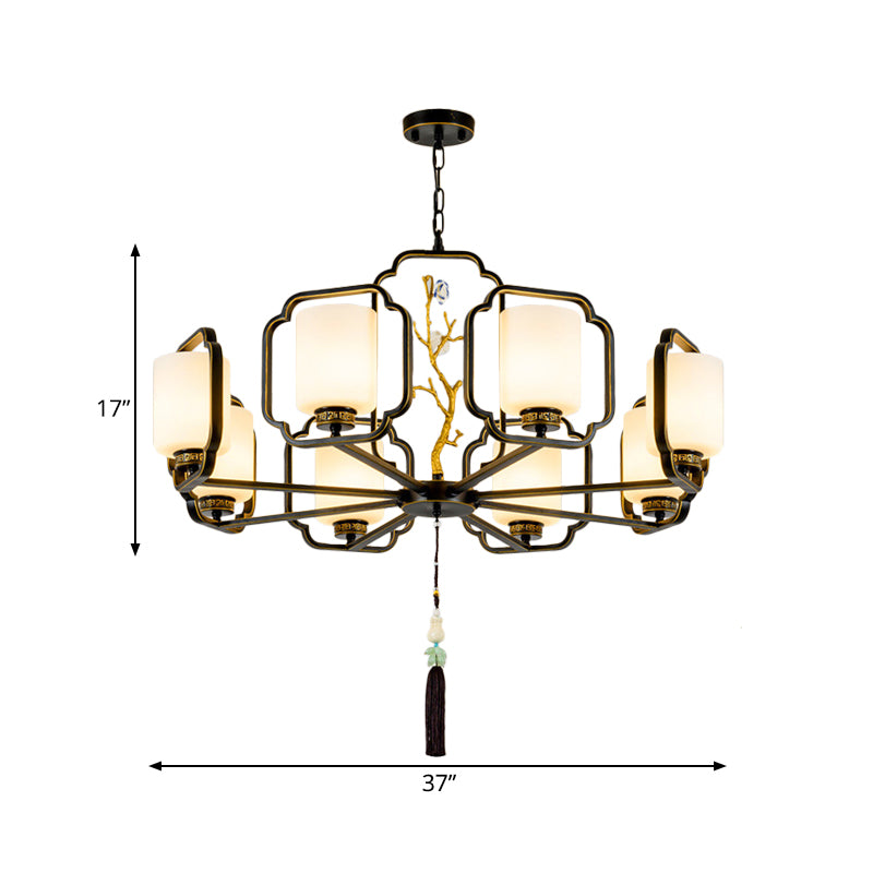 Black Cylinder Chandelier Lighting Fixture Classic Metal 6/8/10 Lights Living Room Drop Pendant with Frosted Glass Shade Clearhalo 'Ceiling Lights' 'Chandeliers' Lighting' options 286076