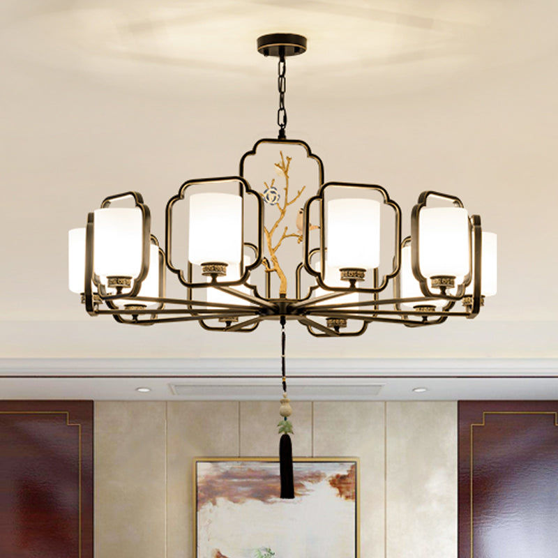 Black Cylinder Chandelier Lighting Fixture Classic Metal 6/8/10 Lights Living Room Drop Pendant with Frosted Glass Shade 10 Black Clearhalo 'Ceiling Lights' 'Chandeliers' Lighting' options 286077_858c02ad-2115-4601-9b2d-919e81e6b06f