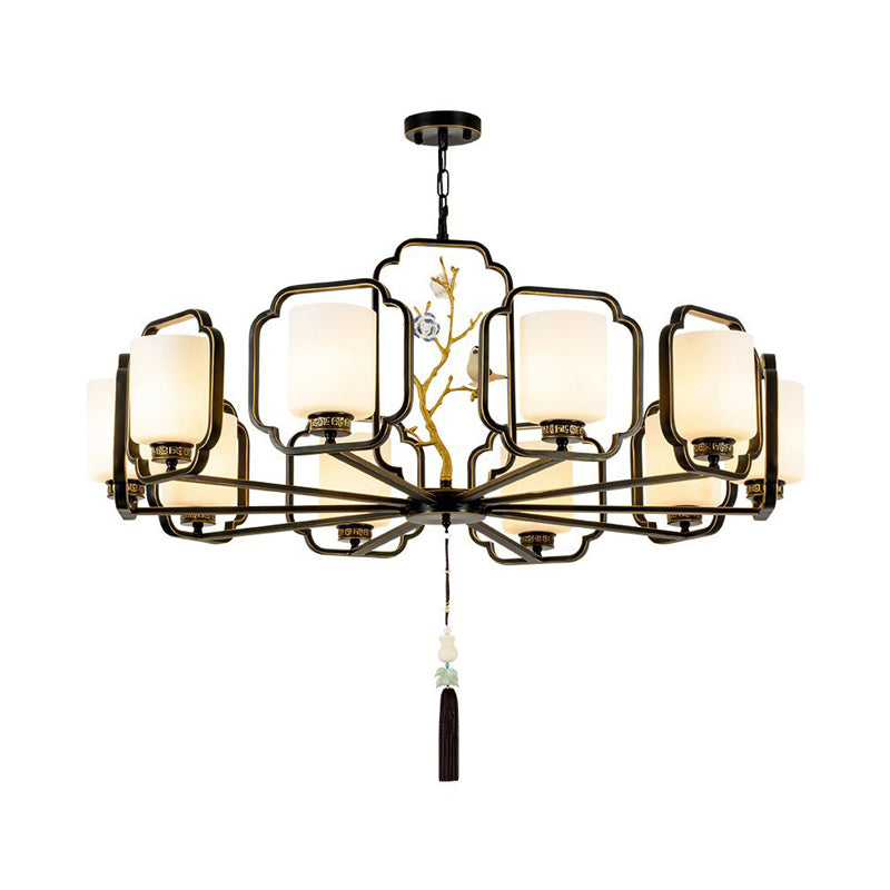 Black Cylinder Chandelier Lighting Fixture Classic Metal 6/8/10 Lights Living Room Drop Pendant with Frosted Glass Shade Clearhalo 'Ceiling Lights' 'Chandeliers' Lighting' options 286079