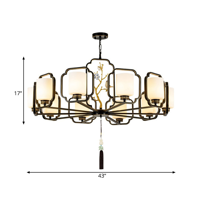 Black Cylinder Chandelier Lighting Fixture Classic Metal 6/8/10 Lights Living Room Drop Pendant with Frosted Glass Shade Clearhalo 'Ceiling Lights' 'Chandeliers' Lighting' options 286080