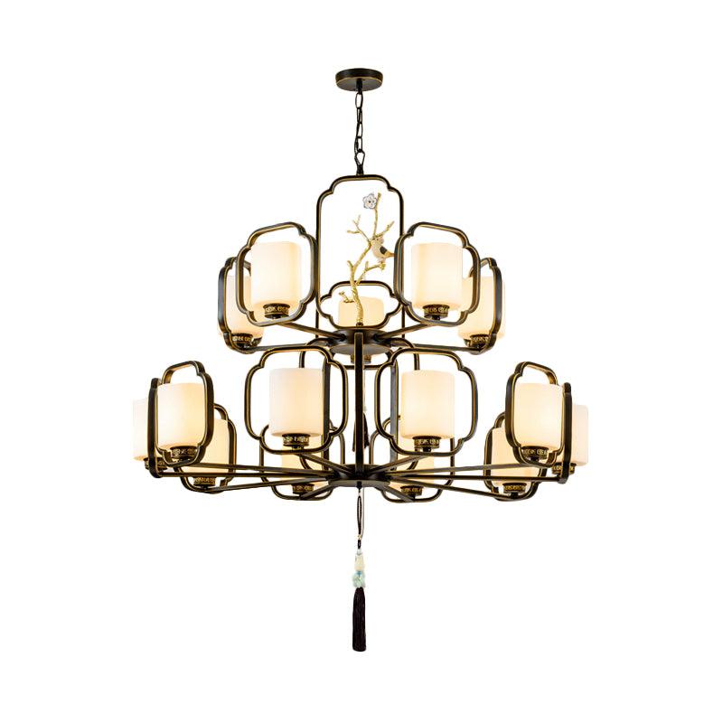 Black Cylinder Chandelier Lighting Fixture Classic Metal 6/8/10 Lights Living Room Drop Pendant with Frosted Glass Shade Clearhalo 'Ceiling Lights' 'Chandeliers' Lighting' options 286083