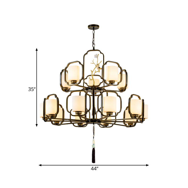 Black Cylinder Chandelier Lighting Fixture Classic Metal 6/8/10 Lights Living Room Drop Pendant with Frosted Glass Shade Clearhalo 'Ceiling Lights' 'Chandeliers' Lighting' options 286084