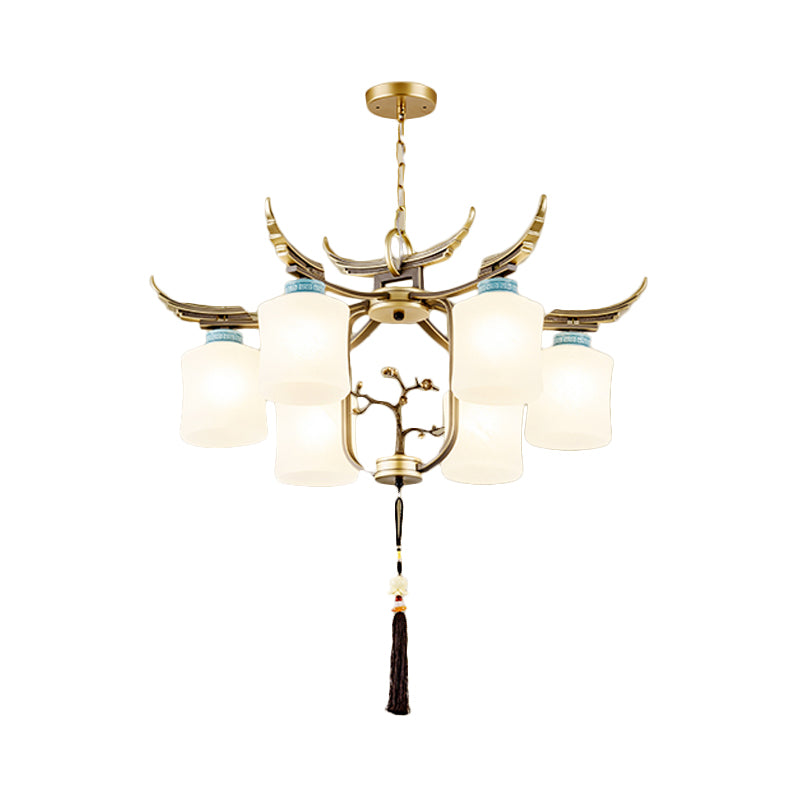 Cylinder Living Room Hanging Chandelier Traditional Style Metal 6/8/10 Lights Brass Ceiling Light with Frosted Glass Shade Clearhalo 'Ceiling Lights' 'Chandeliers' Lighting' options 286102