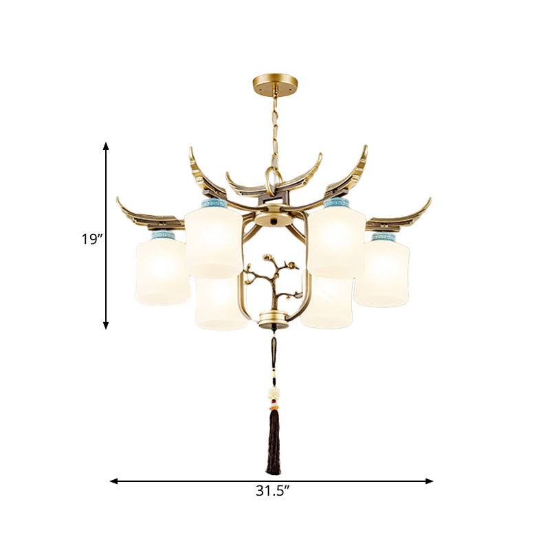 Cylinder Living Room Hanging Chandelier Traditional Style Metal 6/8/10 Lights Brass Ceiling Light with Frosted Glass Shade Clearhalo 'Ceiling Lights' 'Chandeliers' Lighting' options 286103