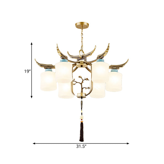 Cylinder Living Room Hanging Chandelier Traditional Style Metal 6/8/10 Lights Brass Ceiling Light with Frosted Glass Shade Clearhalo 'Ceiling Lights' 'Chandeliers' Lighting' options 286103