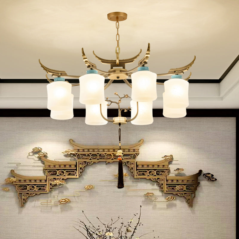 Cylinder Living Room Hanging Chandelier Traditional Style Metal 6/8/10 Lights Brass Ceiling Light with Frosted Glass Shade 8 Brass Clearhalo 'Ceiling Lights' 'Chandeliers' Lighting' options 286105_7245704b-1195-4727-9b20-fed87747defd