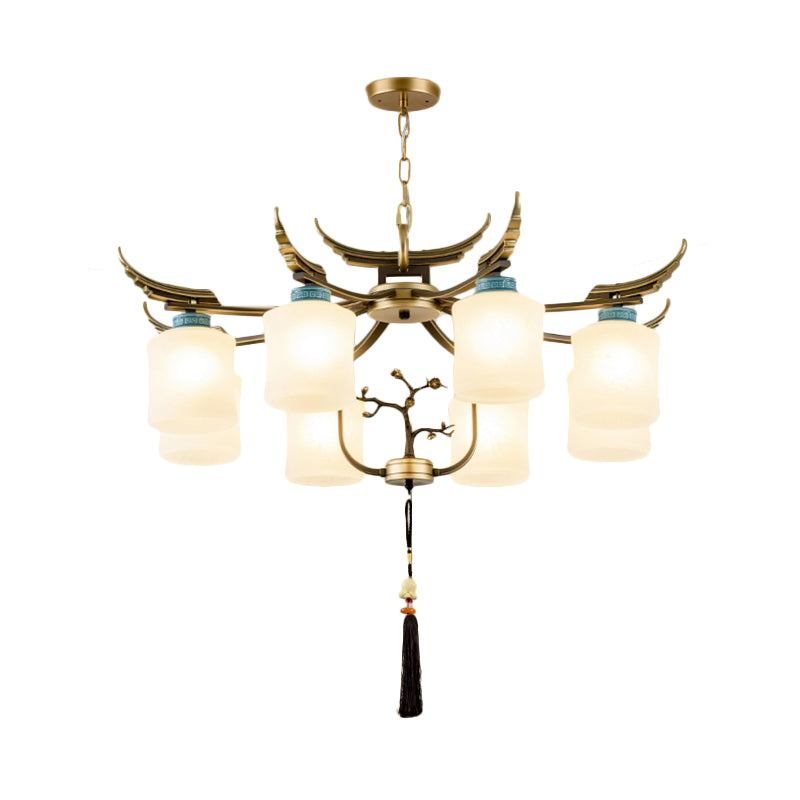 Cylinder Living Room Hanging Chandelier Traditional Style Metal 6/8/10 Lights Brass Ceiling Light with Frosted Glass Shade Clearhalo 'Ceiling Lights' 'Chandeliers' Lighting' options 286107