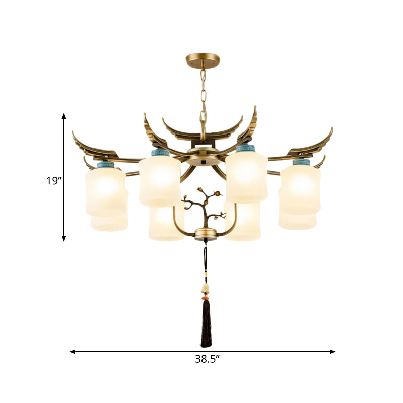 Cylinder Living Room Hanging Chandelier Traditional Style Metal 6/8/10 Lights Brass Ceiling Light with Frosted Glass Shade Clearhalo 'Ceiling Lights' 'Chandeliers' Lighting' options 286108