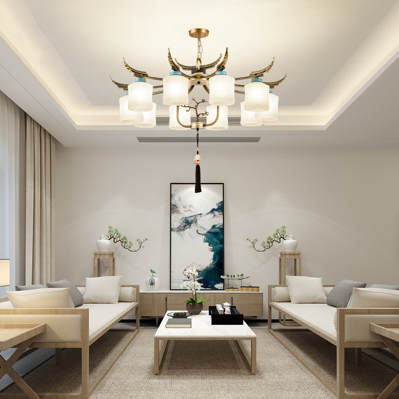 Cylinder Living Room Hanging Chandelier Traditional Style Metal 6/8/10 Lights Brass Ceiling Light with Frosted Glass Shade Clearhalo 'Ceiling Lights' 'Chandeliers' Lighting' options 286110