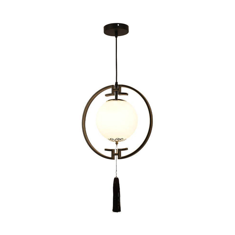 1 Light Pendulum Light Classic Globe Cream Glass Suspension Lamp in Black with Metal Ring Clearhalo 'Ceiling Lights' 'Pendant Lights' 'Pendants' Lighting' 286134