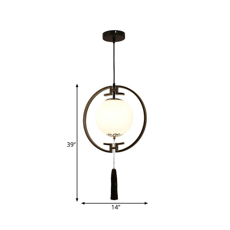 1 Light Pendulum Light Classic Globe Cream Glass Suspension Lamp in Black with Metal Ring Clearhalo 'Ceiling Lights' 'Pendant Lights' 'Pendants' Lighting' 286135