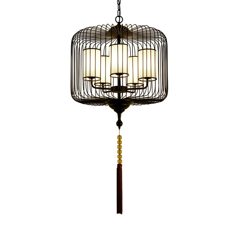 19.5"/23.5" Wide 5 Lights Metal Chandelier Light Fixture Traditional Black Cylinder Tea House Hanging Pendant Clearhalo 'Ceiling Lights' 'Chandeliers' Lighting' options 286187