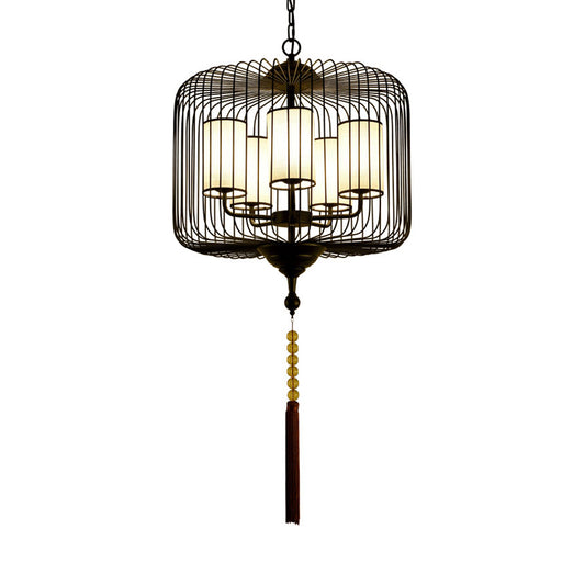 19.5"/23.5" Wide 5 Lights Metal Chandelier Light Fixture Traditional Black Cylinder Tea House Hanging Pendant Clearhalo 'Ceiling Lights' 'Chandeliers' Lighting' options 286187