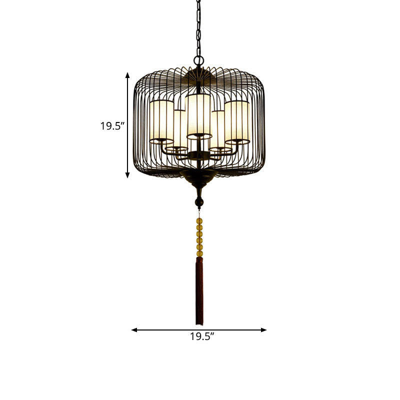 19.5"/23.5" Wide 5 Lights Metal Chandelier Light Fixture Traditional Black Cylinder Tea House Hanging Pendant Clearhalo 'Ceiling Lights' 'Chandeliers' Lighting' options 286188