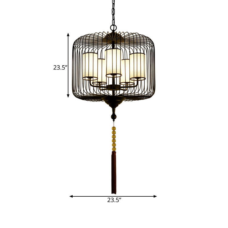 19.5"/23.5" Wide 5 Lights Metal Chandelier Light Fixture Traditional Black Cylinder Tea House Hanging Pendant Clearhalo 'Ceiling Lights' 'Chandeliers' Lighting' options 286189