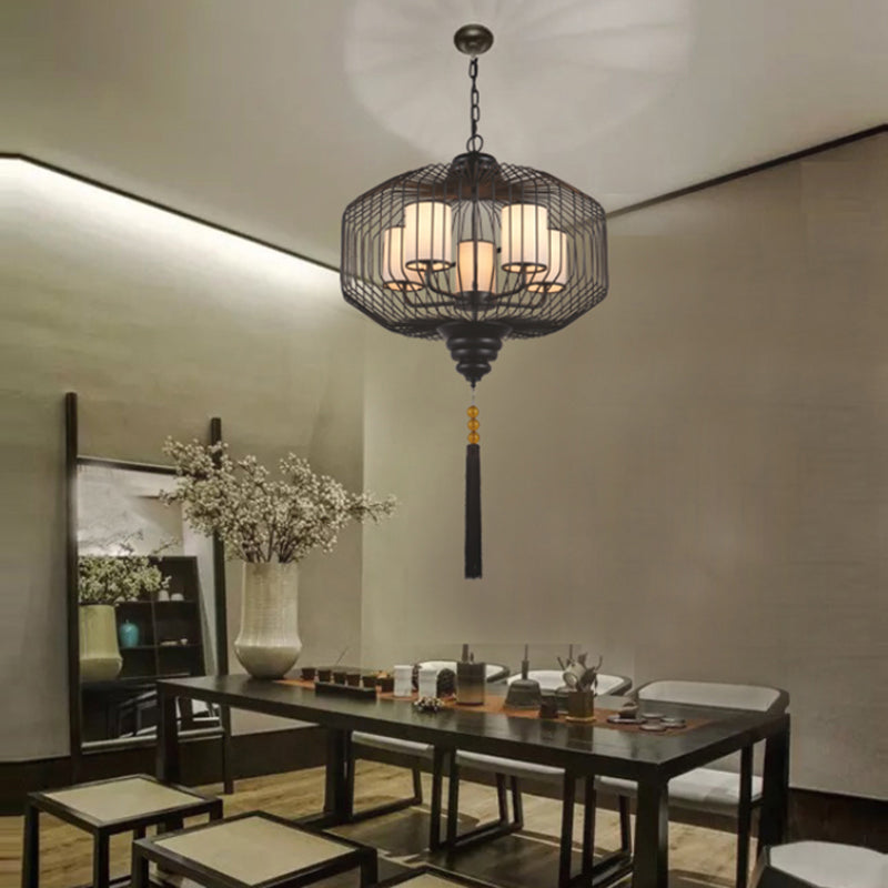 5 Lights Dining Room Hanging Chandelier Classic Black Pendant Light with Cylinder Fabric Shade Clearhalo 'Ceiling Lights' 'Chandeliers' Lighting' options 286193