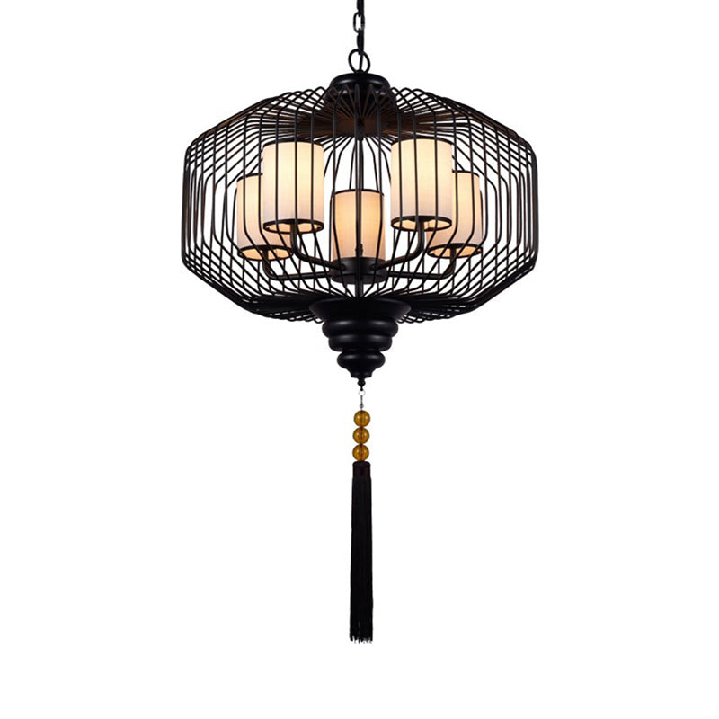 5 Lights Dining Room Hanging Chandelier Classic Black Pendant Light with Cylinder Fabric Shade Clearhalo 'Ceiling Lights' 'Chandeliers' Lighting' options 286194