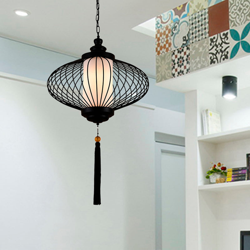 1 Light Lantern Pendulum Light Traditional Style Black Fabric Ceiling Suspension Lamp, 12"/14"/16" Wide Clearhalo 'Ceiling Lights' 'Pendant Lights' 'Pendants' Lighting' 286213