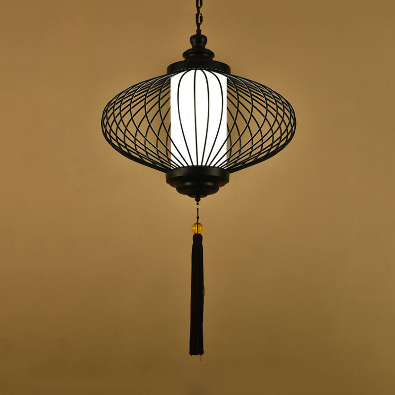 1 Light Lantern Pendulum Light Traditional Style Black Fabric Ceiling Suspension Lamp, 12"/14"/16" Wide Clearhalo 'Ceiling Lights' 'Pendant Lights' 'Pendants' Lighting' 286214