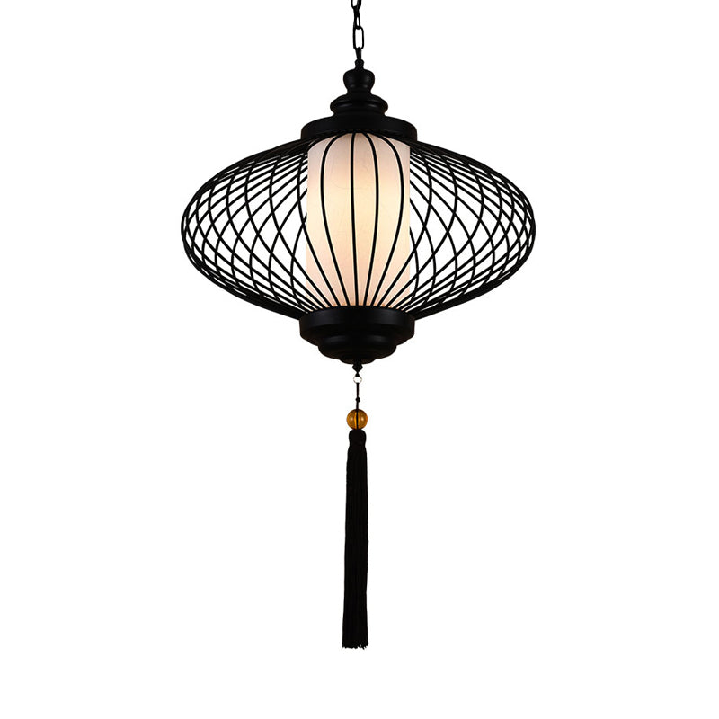 1 Light Lantern Pendulum Light Traditional Style Black Fabric Ceiling Suspension Lamp, 12"/14"/16" Wide Clearhalo 'Ceiling Lights' 'Pendant Lights' 'Pendants' Lighting' 286216