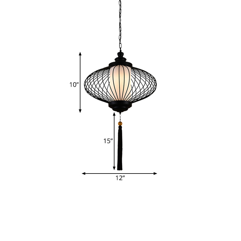 1 Light Lantern Pendulum Light Traditional Style Black Fabric Ceiling Suspension Lamp, 12"/14"/16" Wide Clearhalo 'Ceiling Lights' 'Pendant Lights' 'Pendants' Lighting' 286217