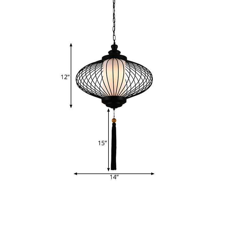 1 Light Lantern Pendulum Light Traditional Style Black Fabric Ceiling Suspension Lamp, 12"/14"/16" Wide Clearhalo 'Ceiling Lights' 'Pendant Lights' 'Pendants' Lighting' 286218