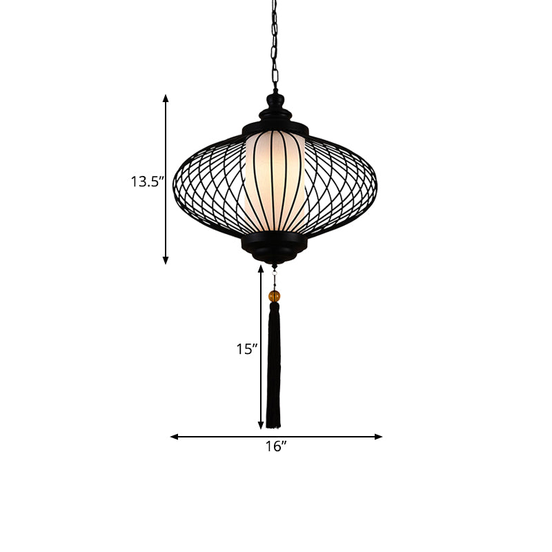 1 Light Lantern Pendulum Light Traditional Style Black Fabric Ceiling Suspension Lamp, 12"/14"/16" Wide Clearhalo 'Ceiling Lights' 'Pendant Lights' 'Pendants' Lighting' 286219