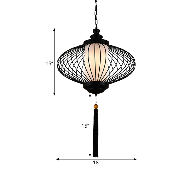 1 Light Lantern Pendulum Light Traditional Style Black Fabric Ceiling Suspension Lamp, 12"/14"/16" Wide Clearhalo 'Ceiling Lights' 'Pendant Lights' 'Pendants' Lighting' 286220