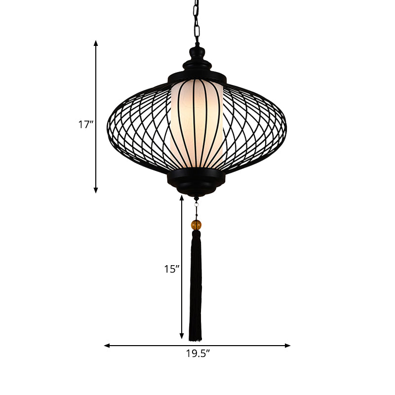 1 Light Lantern Pendulum Light Traditional Style Black Fabric Ceiling Suspension Lamp, 12"/14"/16" Wide Clearhalo 'Ceiling Lights' 'Pendant Lights' 'Pendants' Lighting' 286221