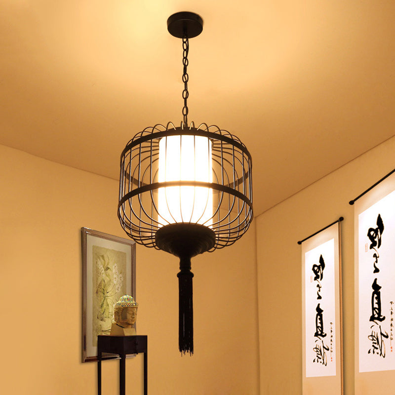 Traditional Cage Pendant Light 1 Light Fabric Suspension Lighting Fixture in Black for Restaurant Clearhalo 'Ceiling Lights' 'Pendant Lights' 'Pendants' Lighting' 286224