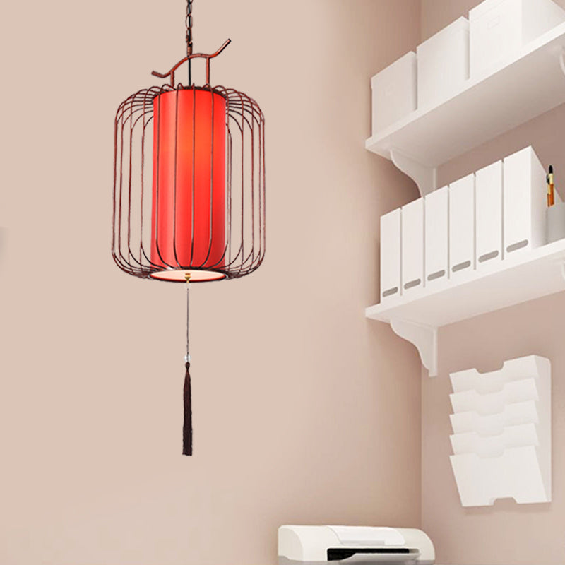 White/Red Lantern Pendant Lighting Fixture Classic Fabric 10"/12"/14" Wide 1 Light Tea Room Suspension Lamp Red Clearhalo 'Ceiling Lights' 'Pendant Lights' 'Pendants' Lighting' 286255_13de04aa-f923-40bb-b03f-db4c0bb21455