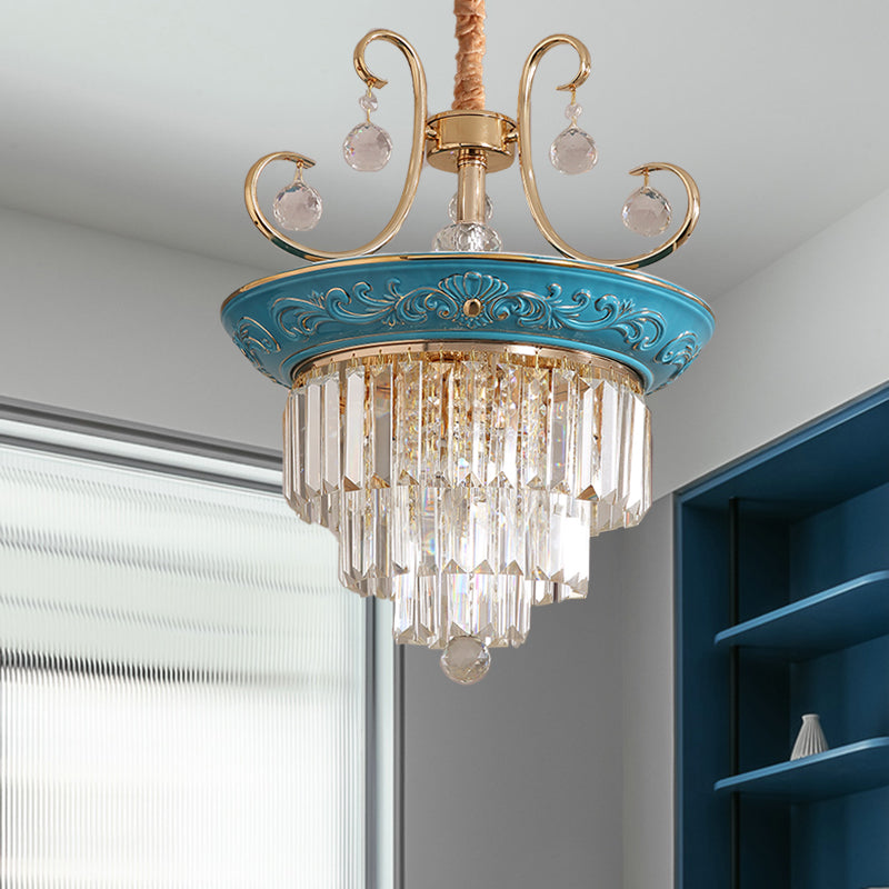 3 Tiers Tri-Sided Crystal Rod Chandelier Light Simple Style 3/5 Heads Blue Ceiling Light Fixture Clearhalo 'Ceiling Lights' 'Chandeliers' Lighting' options 286305