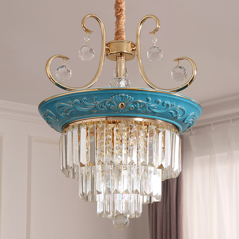 3 Tiers Tri-Sided Crystal Rod Chandelier Light Simple Style 3/5 Heads Blue Ceiling Light Fixture Clearhalo 'Ceiling Lights' 'Chandeliers' Lighting' options 286306