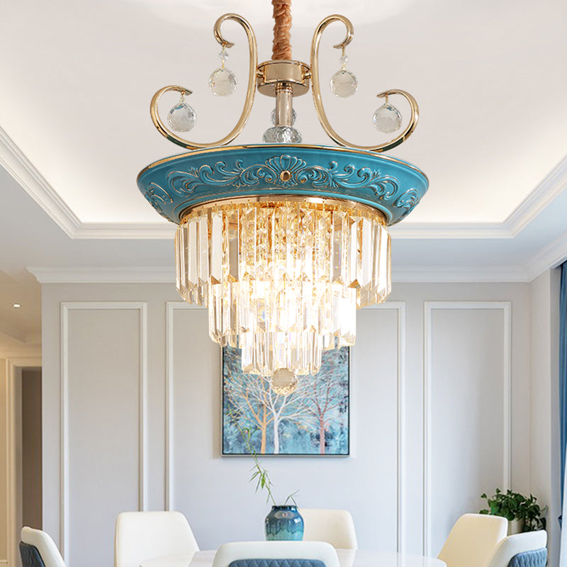 3 Tiers Tri-Sided Crystal Rod Chandelier Light Simple Style 3/5 Heads Blue Ceiling Light Fixture Clearhalo 'Ceiling Lights' 'Chandeliers' Lighting' options 286307