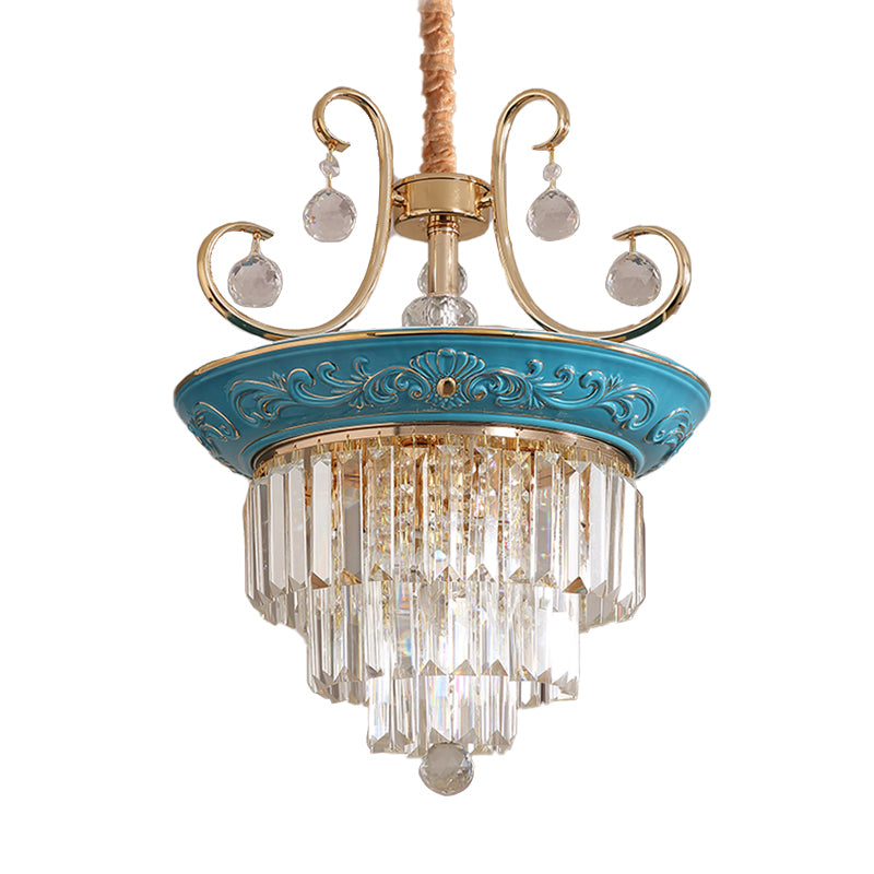 3 Tiers Tri-Sided Crystal Rod Chandelier Light Simple Style 3/5 Heads Blue Ceiling Light Fixture Clearhalo 'Ceiling Lights' 'Chandeliers' Lighting' options 286308