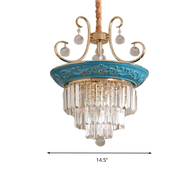 3 Tiers Tri-Sided Crystal Rod Chandelier Light Simple Style 3/5 Heads Blue Ceiling Light Fixture Clearhalo 'Ceiling Lights' 'Chandeliers' Lighting' options 286309