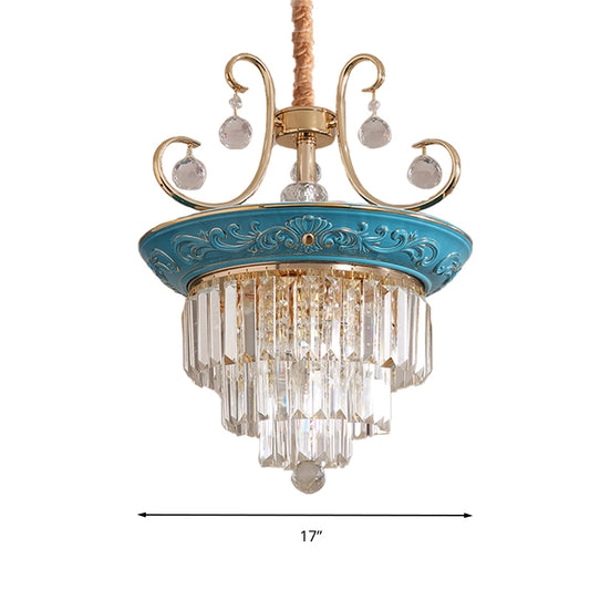 3 Tiers Tri-Sided Crystal Rod Chandelier Light Simple Style 3/5 Heads Blue Ceiling Light Fixture Clearhalo 'Ceiling Lights' 'Chandeliers' Lighting' options 286313