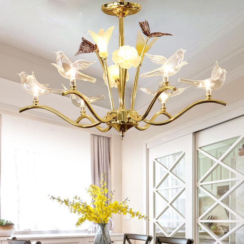 Clear Crystal Flower Hanging Light Kit Postmodern 6 Heads Living Room Ceiling Chandelier in Gold Clearhalo 'Ceiling Lights' 'Chandeliers' Lighting' options 286358